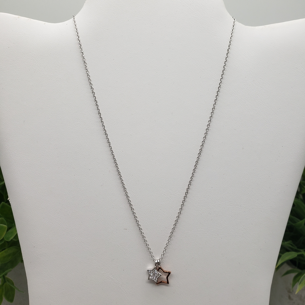 Sterling 925 Sparkling Silver Star and Rose Gold Toned Star Pendant Necklace